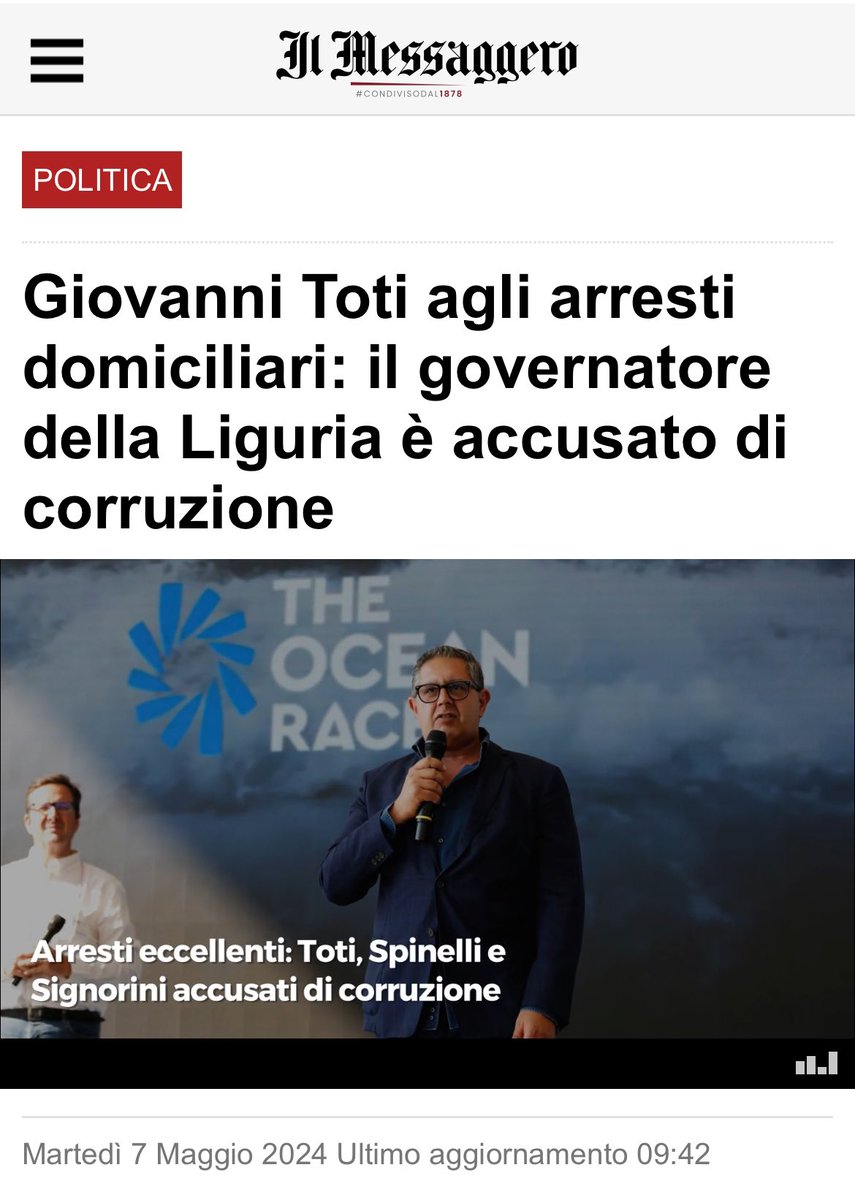 Ai domiciliari con l’accusa di corruzione il governatore della Liguria Giovanni Toti.