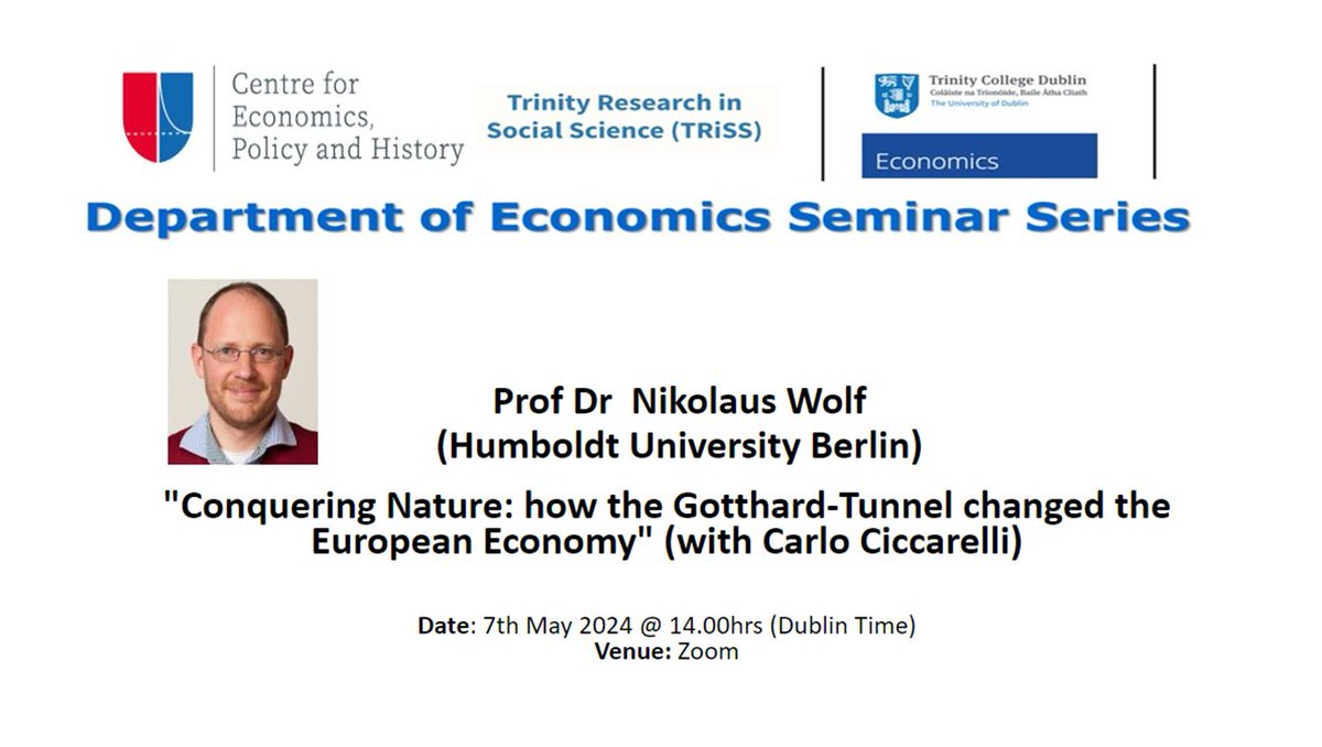ECONOMICS RESEARCH SEMINAR SERIES - JOINT WITH CEPH - Tuesday 7th May 2024 at 2pm We look forward to welcoming Prof Dr Nikolaus Wolf today (7th May 2024) @TCDsociology @TCDPoliticalSci @TRiSSTCD @ceph_ie