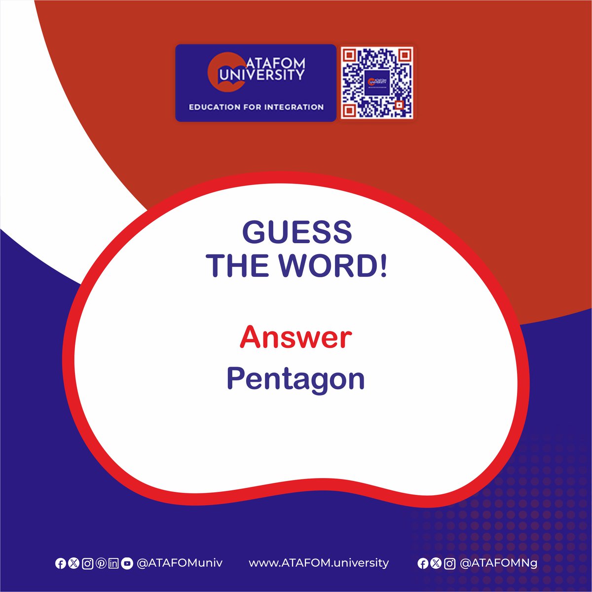 AtafomNg's tweet photo. Guess the word!
➡️ Name the world’s largest office building that starts with “P” ❔
Answer - Pentagon✅
#ATAFOM #ATAFOMNg #nigeria
#ATAFOMuniversity #dailyknowledge #onlineuniversity
#SakirYavuz #PerfectTimingHolding
#EducationforIntegration #ATAFOMLanguageAcademy https://t.co/2lzkpYBX5N
