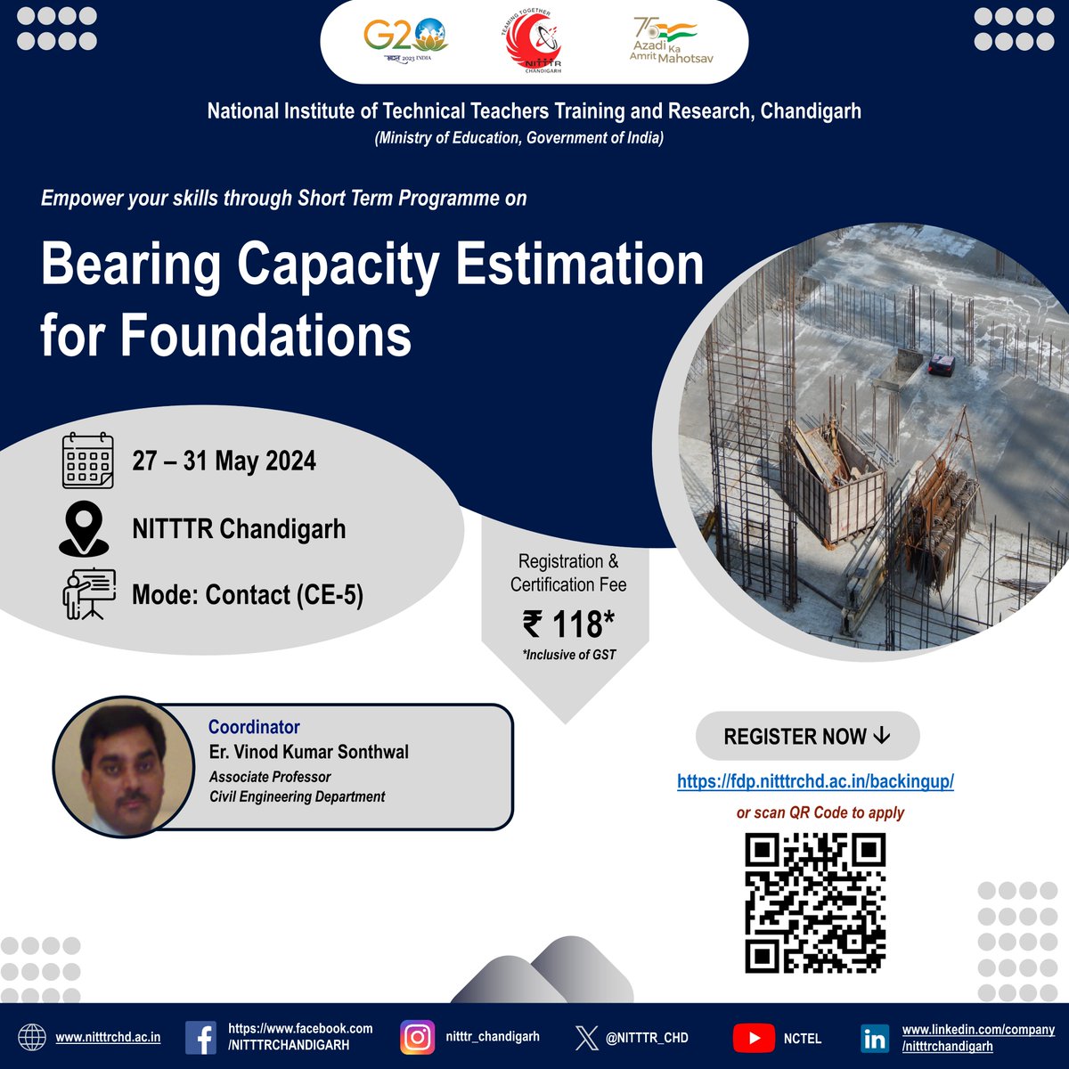 Join us for a 1 Week course on Bearing Capacity Estimation for Foundations to be organized by the Civil Engineering Dept. from 27-31 May'24. Interested faculty & staff members may apply at fdp.nitttrchd.ac.in/backingup/ #nitttrchd #BearingCapacity #FoundationDesign #CivilEngineering