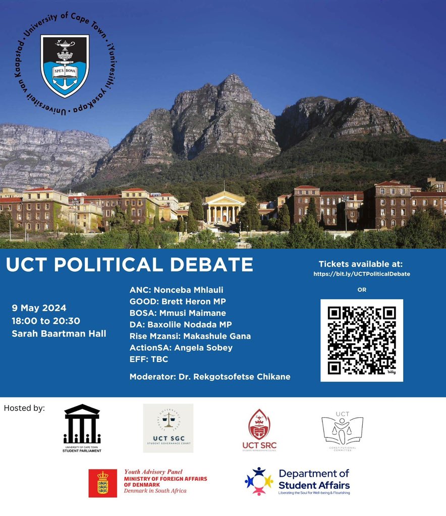 On Thursday, 9 May 2024, the UCT Students’ Representative Council (SRC) will co-host a political debate featuring senior representatives from Action SA, ANC, Build One South Africa, DA, EFF, Good Party, and Rise Mzansi. Read more: qr.link/eJYaTA