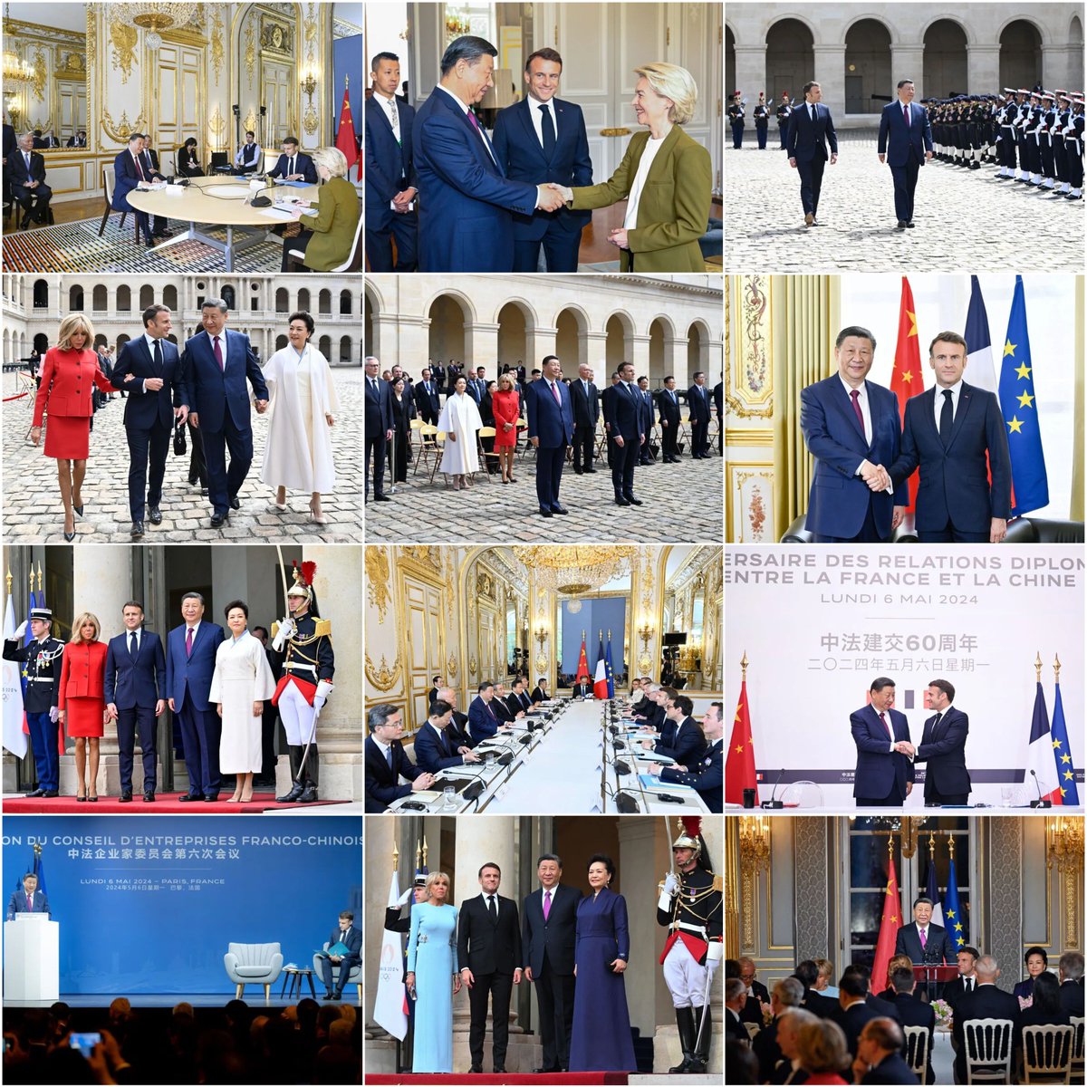 TTmomo20220222's tweet photo. 🇨🇳习近平主席在🇫🇷法国巴黎繁忙的一天📷
📍5月6日
上午，中法欧领导人三方会晤；
下午，出席隆重盛大欢迎仪式；在爱丽舍宫同马克龙举行会谈；和马克龙共同会见记者；同马克龙共同出席中法企业家委员会第六次会议闭幕式并致辞。
晚上，习近平和彭丽媛在爱丽舍宫出席马克龙和夫人布丽吉特举行的欢迎宴会。 https://t.co/dsbJycTjgH