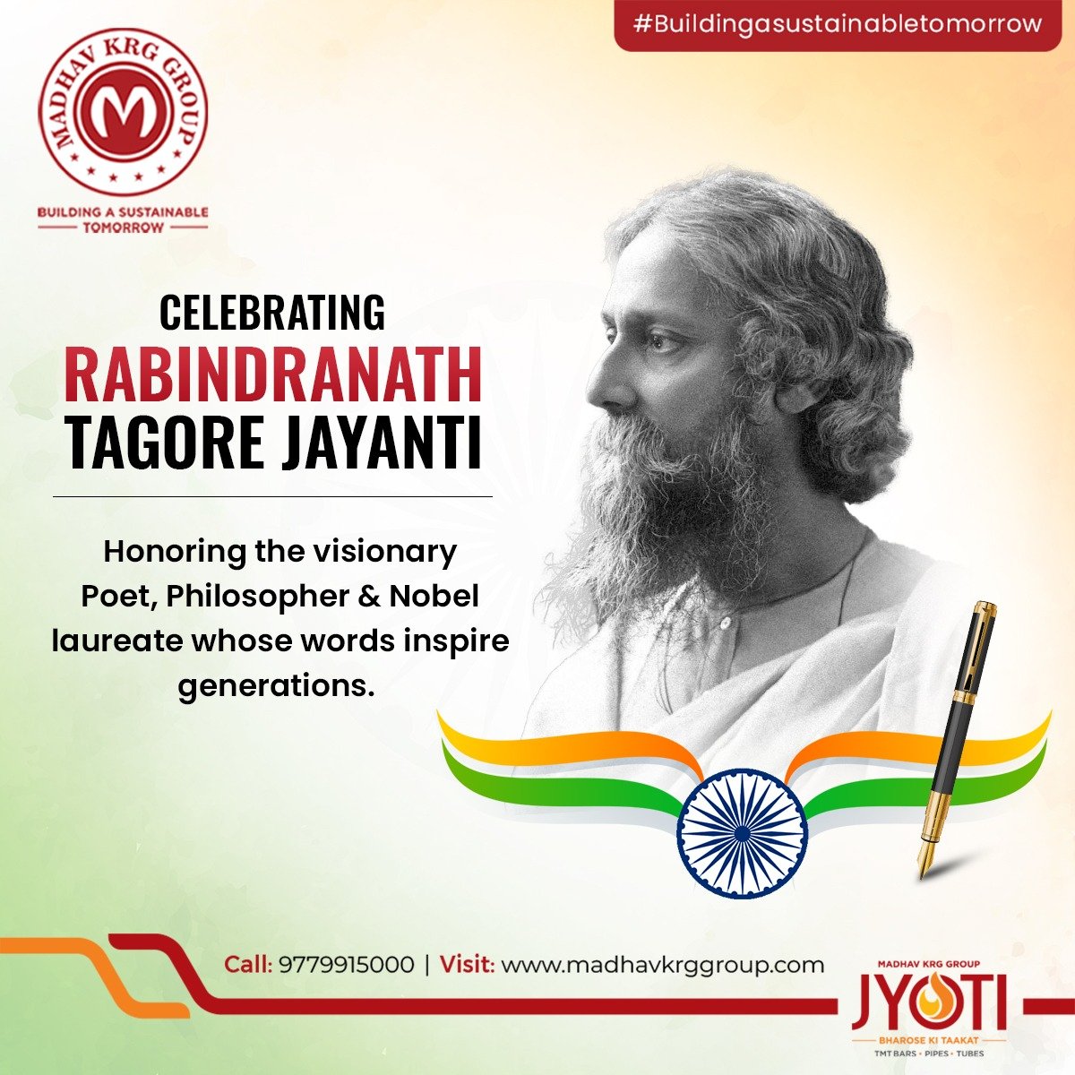 Celebrating Rabindranath Tagore Jayanti, honoring the visionary poet, philosopher, and Nobel laureate whose words inspire generations. 

#RabindranathTagoreJayanti #RabindranathTagore #TagoreJayanti #MKRG #MadhavKRGGroup