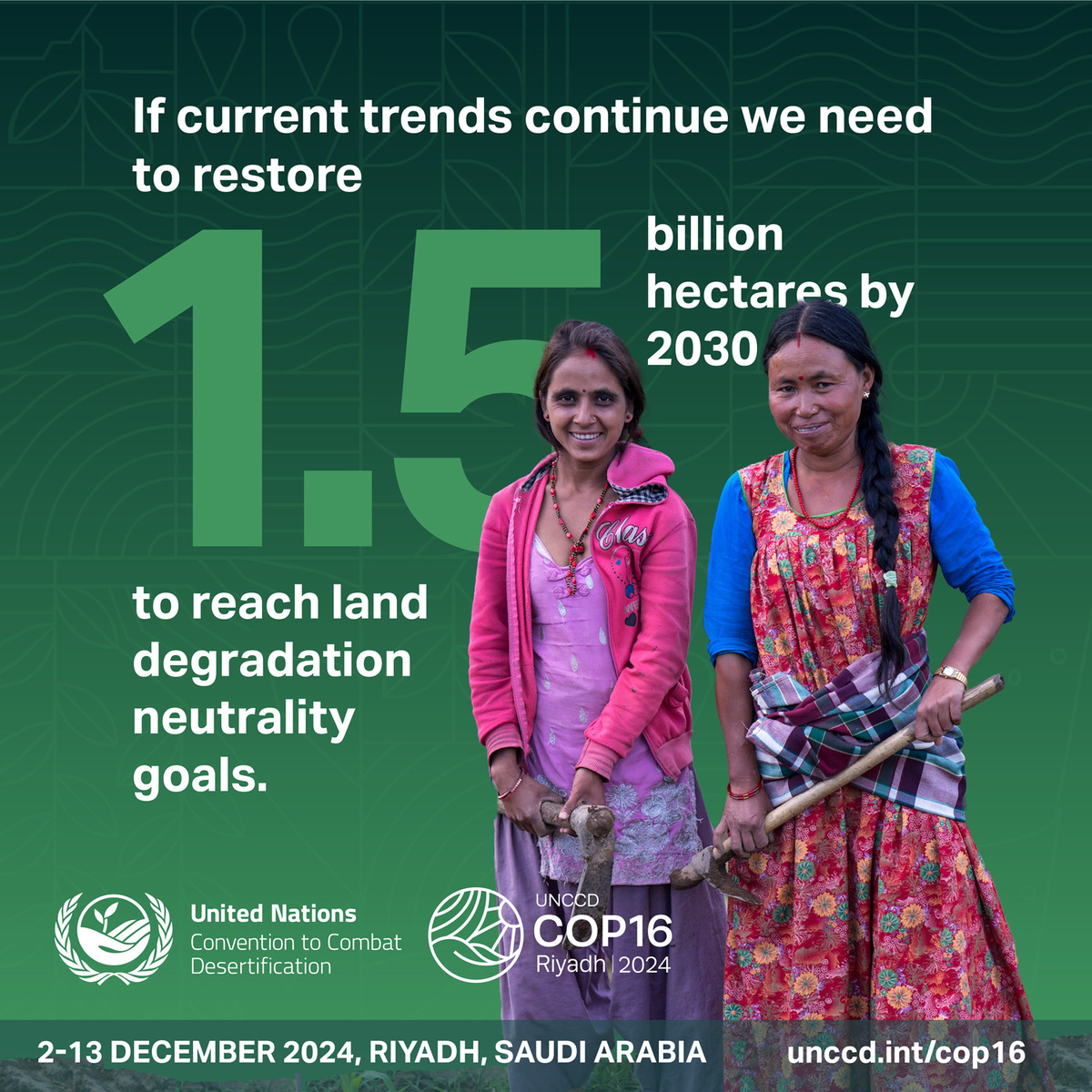 As we approach #UNCCDCOP16 in Riyadh, let's remember the critical goal ahead of us: to restore 1.5 billion hectares by 2030 to ensure a sustainable future. Achieving this goal will: 

- Combat land degradation
- Promote biodiversity
- Increase climate resilience

#UNited4Land
