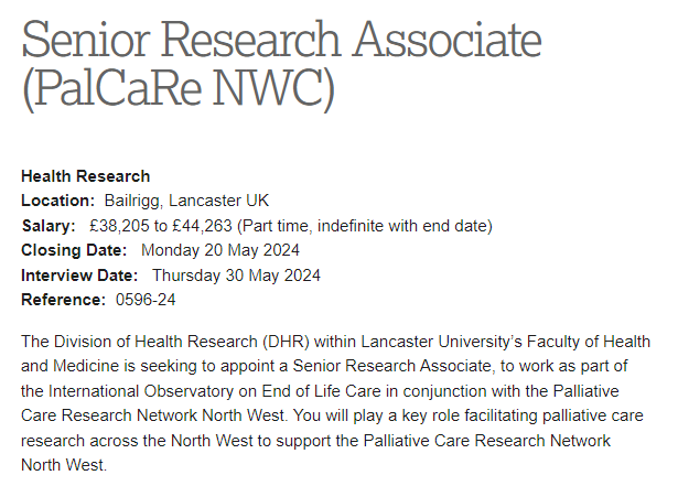 Exciting opportunity for a researcher to work with us to develop #palliativecare research across the North West. Do contact us to discuss. #hpm #hapc hr-jobs.lancs.ac.uk/Vacancy.aspx?r…