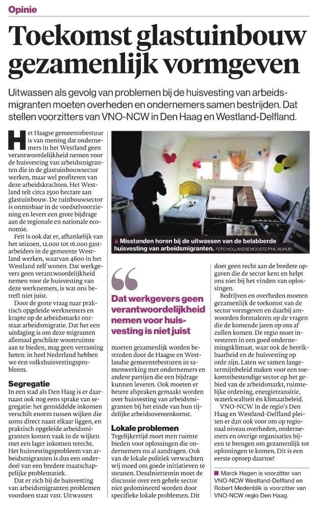 In het <a href="/ADDenHaag/">AD Den Haag</a> van zaterdag 4 mei bepleiten VNO-NCW regio Den Haag en VNO-NCW Westland-Delfland samenwerking tussen ondernemers en overheden om de toekomst van de glastuinbouw vorm te geven. Op regionaal niveau moeten we samen tot oplossingen komen.  Lees de opinie hieronder!