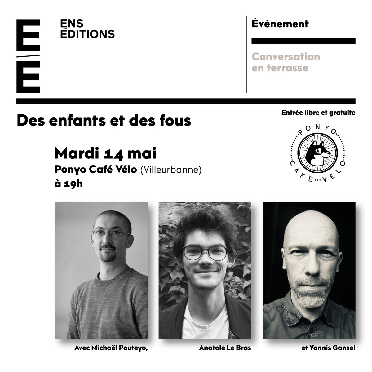 [📌 Rencontre J-7]
Des enfants et des fous
Une conversation en terrasse à 3 voix, autour de 3 livres, au croisement de la philosophie, de l’histoire de la psychiatrie et de l’anthropologie
Avec Michaël Pouteyo, Anatole Le Bras et Yannis Gansel
➕ ens-lyon.fr/evenement/savo…