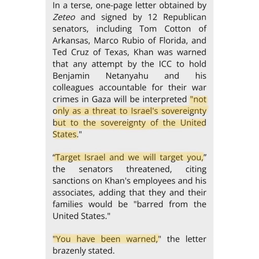 “Target Israel and we will target you.” Everything you need to know about true Western values in a letter to the ICC Prosecutor signed by 12 sitting US Senators