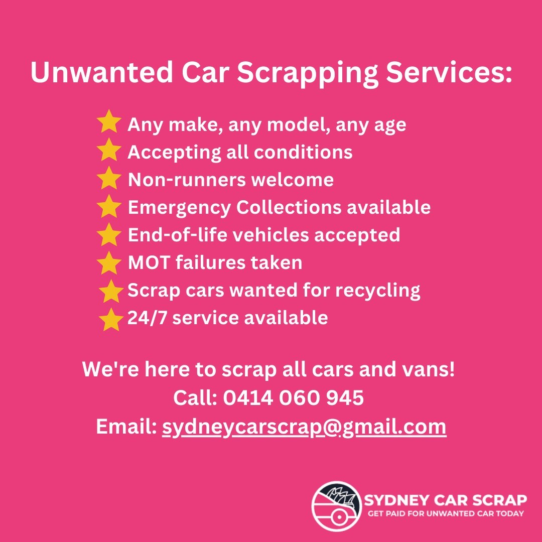 ♻ Scrap Cars Unwanted: Don't let your unwanted vehicle gather dust when it can turn into 📷 cash!   

#carscrap #carscrapping #cashforcarsmelbourne #CarRemovals #scrapmycarr #junkcars #CarRecycling #sellmycar #sydneycarscrap #CASHFORCARSSYDNEY #carremovalsydney