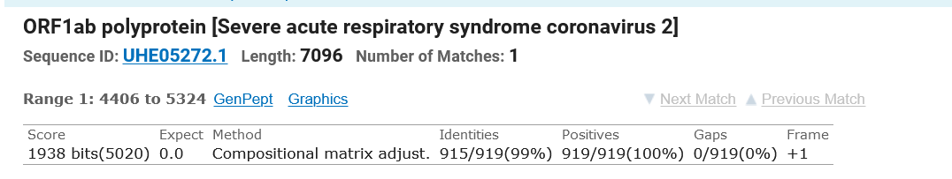 The one which submitted with Holmes in 2018 is a 2757 base RdRp, showing 98% simialrity with SARS2:
However, the amino acid similarity is 99.6%!!!!! RaTg13 complete RdRp with SARS2 RdRp on aminoacid level!!!
Only 4 aa of 919 are the same! This was the 2018 submitted data.