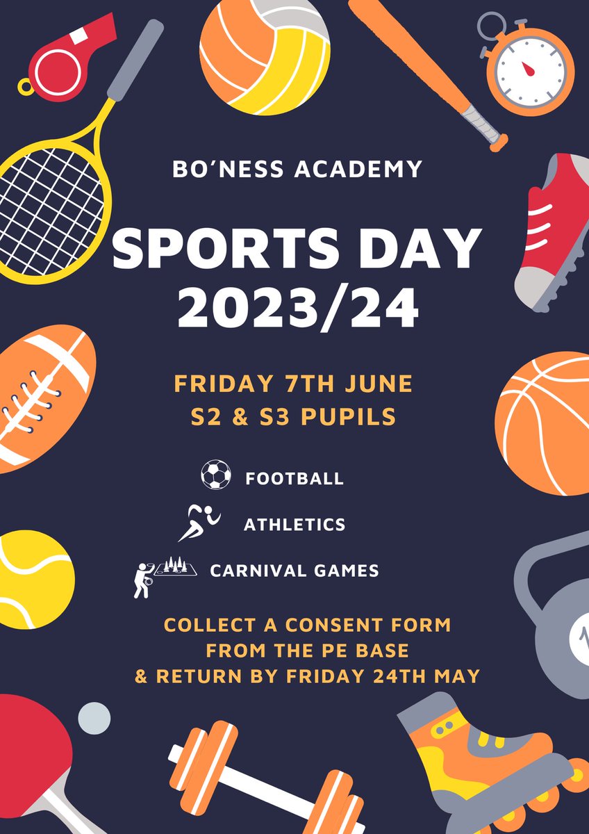 Bo’ness Academy BGE Sports Day 2023/24 🏅

Please see below details, open to current S1 and S2 pupils (they will be S2 and S3 by the time of the event).
If you wish to sign up, please come and collect a consent form from the PE base and return it by Friday 24th May!
