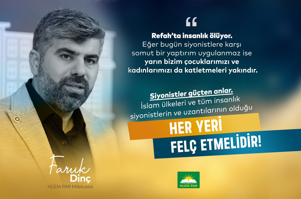 'Refah'ta insanlık ölüyor. 

Siyonistler güçten anlar. İslam ülkeleri ve tüm insanlık siyonistlerin ve uzantılarının olduğu her yeri felç etmelidir!'

◾️ Faruk Dinç | HÜDA PAR Milletvekili
#Rafah #RefahtaSoykırımvar #RafahUnderAttack