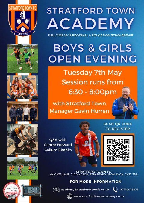 There's still time to register for TONIGHT'S Stratford Town Academy Open Evening with 1st Team Manager Gavin Hurren and top goalscorer Callum Ebanks. #Academy