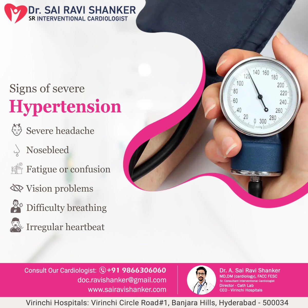 Warning: #Headaches, #chestpain, #visionchanges, #shortnessofbreath? Get checked now! Severe #hypertension may be silently damaging.

#Drsairavishankar #cardiologist #consultantcardiologist
#cardiologydoctor #InterventionalCardiologst #virinchihospital #banjarahils #hyderabad