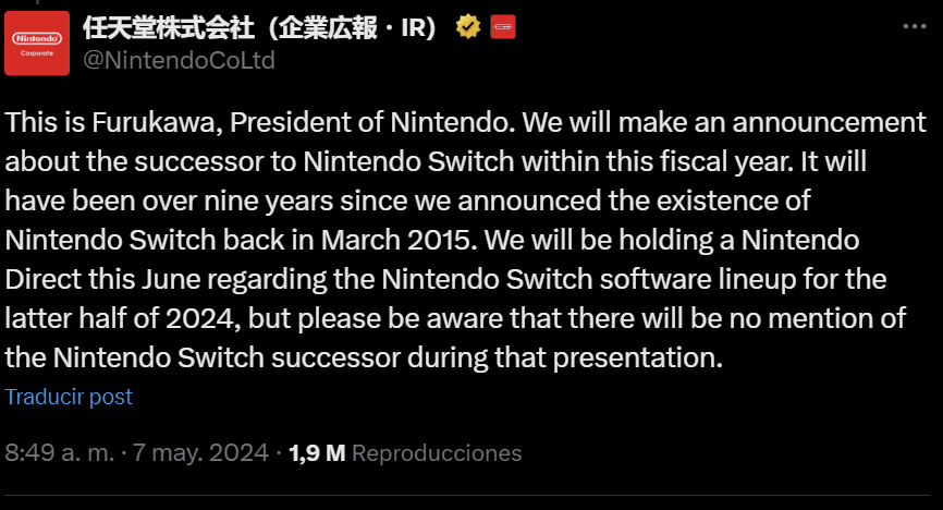 🚨 ÚLTIMA HORA 🚨 🔴 CONFIRMADO: La nueva 'Nintendo Switch 2' llegará este año fiscal 🔹Así lo ha declarado el propio 'Shuntaro Furukawa', actual Presidente de Nintendo a través de la cuenta oficial de la compañía. 🔹Eso sí, no avisa cuando. 'Este junio realizaremos un…