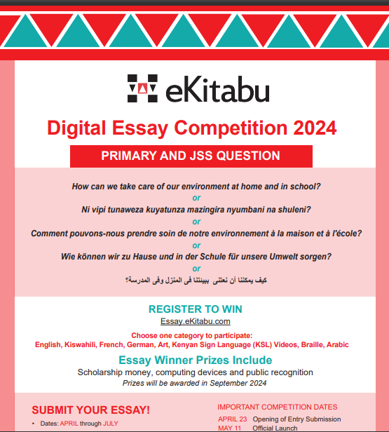 eKitabu invites students to participate in the Digital Essay Competition (DEC) 2024 by writing an essay with words between 500-800 for the Primary and JSS level and 500-1500 words for the Secondary School level. essay.eKitabu.com #DEC2024