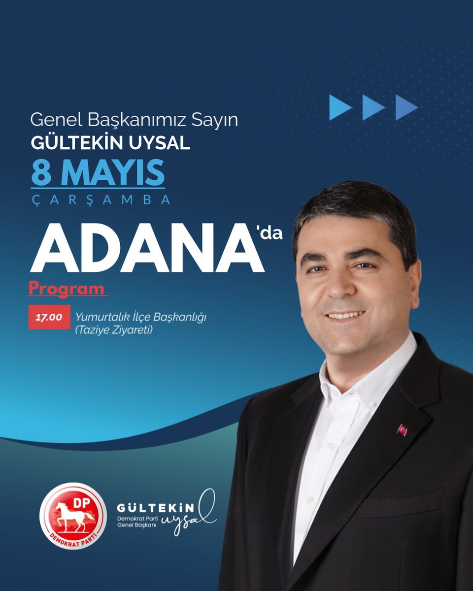 Genel Başkanımız Sayın Gültekin Uysal @DpGultekinUysal 8 Mayıs Çarşamba günü Osmaniye, Hatay ve Adana'da olacaklardır.