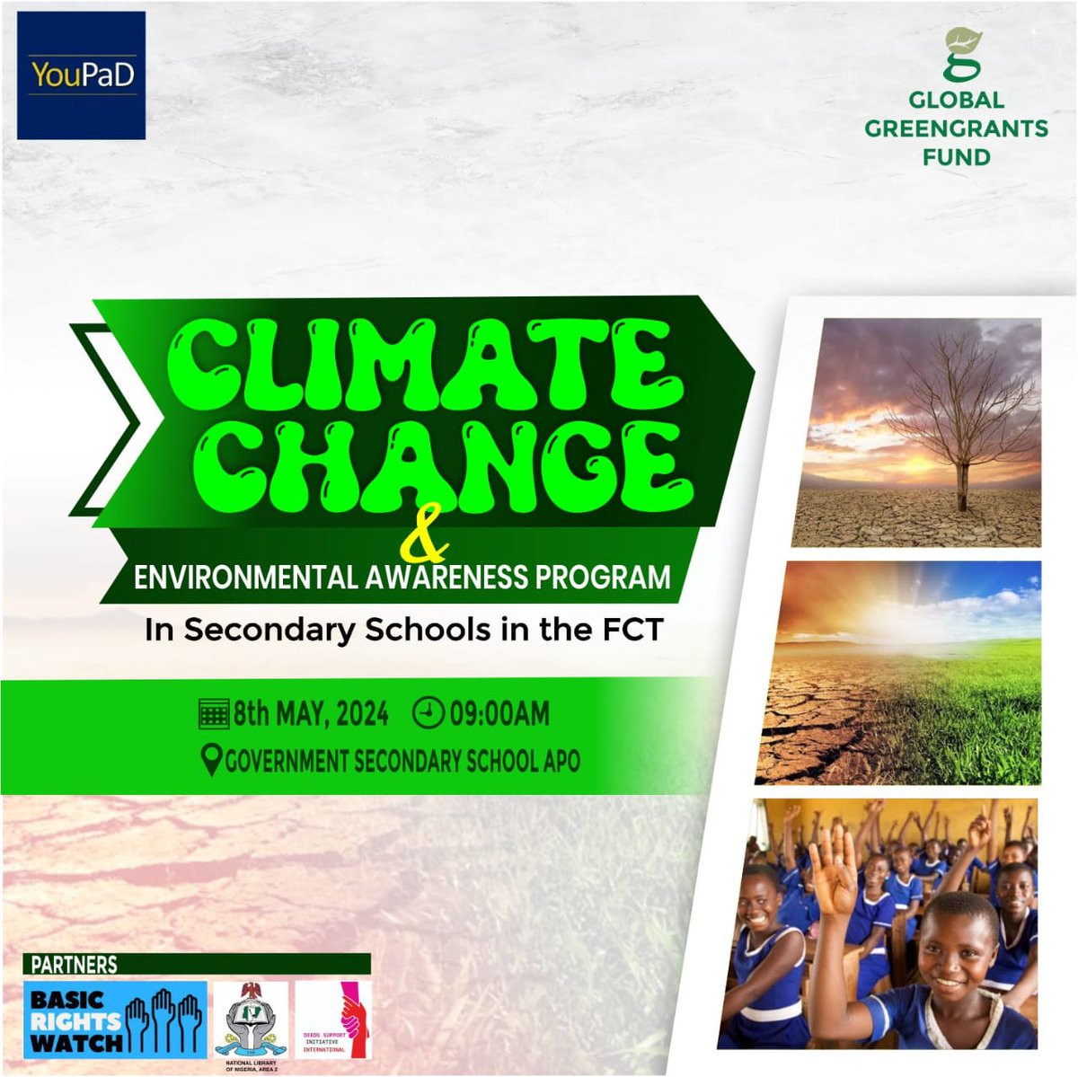 Exciting Development! Join us as we host a Climate Action and environmental awareness initiative at Government Secondary School Apo, Abuja, supported by @GreengrantsFund. Mark your calendars for tomorrow, May 8th, 2024. See you there...