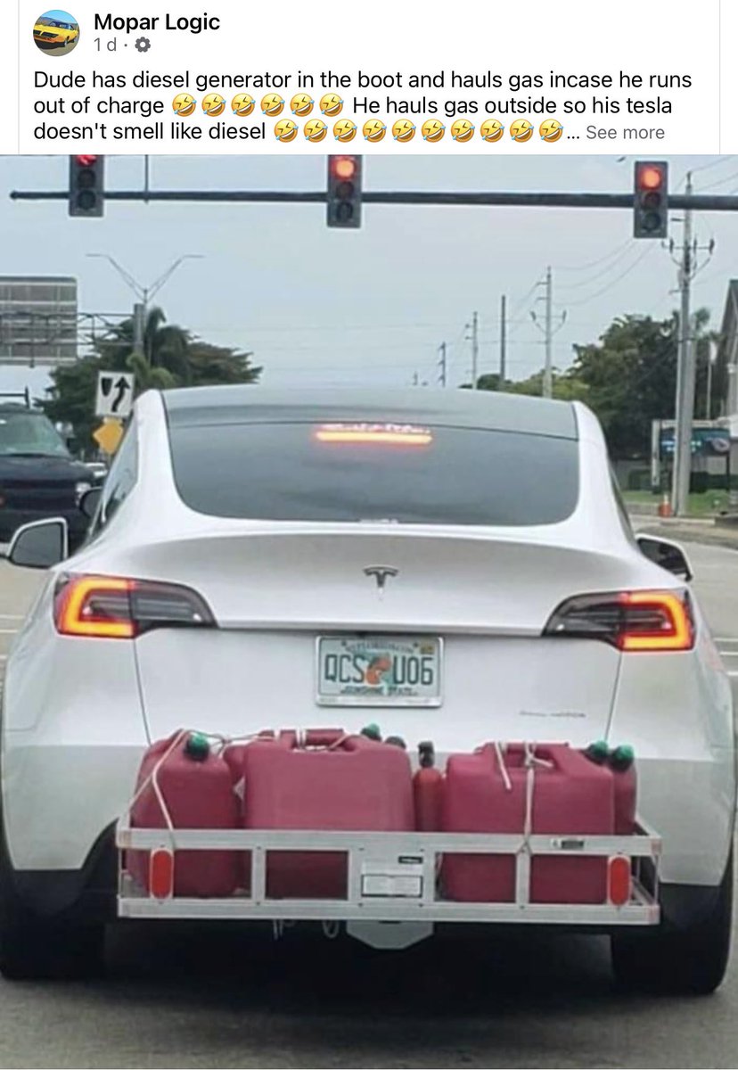 Tesla driver carries around a diesel generator in case he runs out of charge, but keeps the jerry cans full of diesel outside so his Tesla doesn't smell of diesel. 🤡