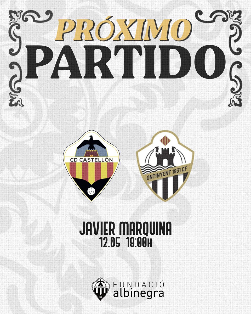 𝗨𝗡𝗔 𝗙𝗜𝗡𝗔𝗟 ⚔️

Os necesitamos a TODOS para animar al @cdcastellon 𝐁 ⚪️⚫️ 

🆚 <a href="/ontinyent1931cf/">Ontinyent 1931 CF</a>
🏟 Javier Marquina
🗓 Domingo, 12 de mayo 
⌚ 18:00h 

#TerceraFederación
#PPO👂🏻
