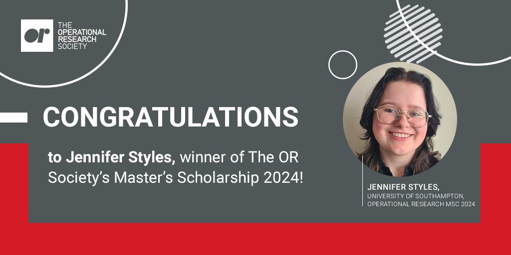 TheORSociety's tweet image. Congratulations to Jennifer Styles, winner of the OR Society’s Master’s Scholarship!

Excited to see her start her Operational Research MSc at @unisouthampton in 2024.

Welcome to the OR community, Jennifer!

#ThisisOR #OperationalResearch #ORMS