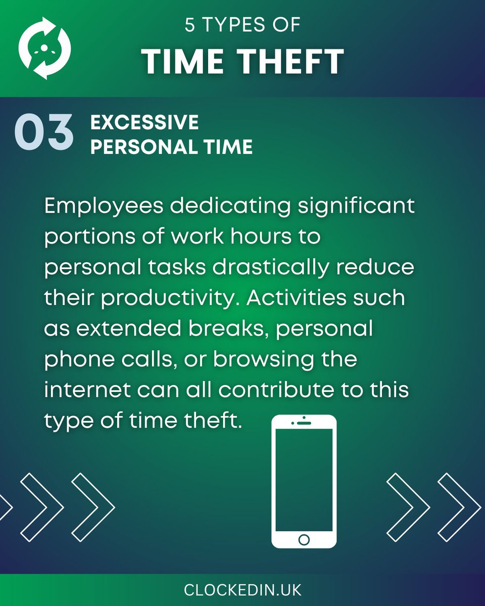 '5 Types of Time Theft' lurking in your workplace with our latest infographic.

Time is money, so let’s plug those leaks! 

Swipe right, learn how to spot them, and stop the clock on time theft today!

Find the rest here: clockedin.uk/time-theft/
.
.
#TimeTheft  #ProjectManagement