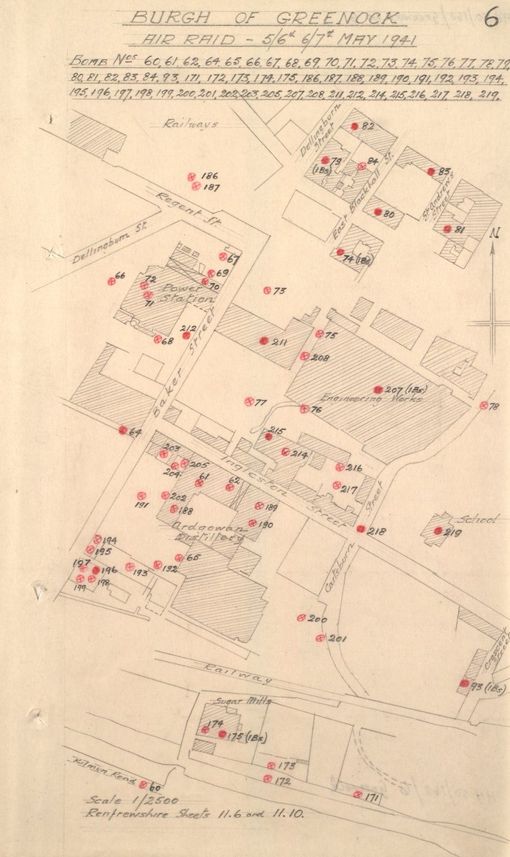 A map showing bomb damage to the town of #Greenock during intensive, deadly air raids on Clydeside and Ayrshire, on the nights of 6 and 7 May 1941. Almost 300 people were killed and over a thousand injured. This map shows the impact of sixty bombs over one small area.