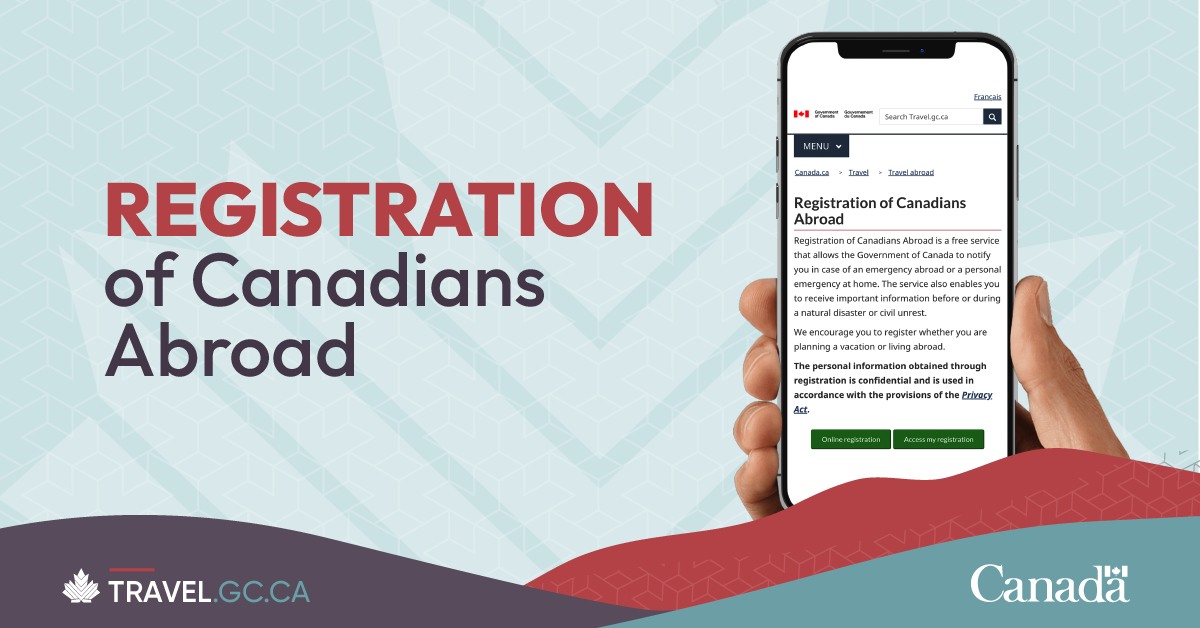 Find out about the Registration of Canadians Abroad service. It allows Canadian officials to notify you in case of an emergency abroad or a personal emergency at home. Register now: ow.ly/NMaA50Rxfl6 #SafeTravel