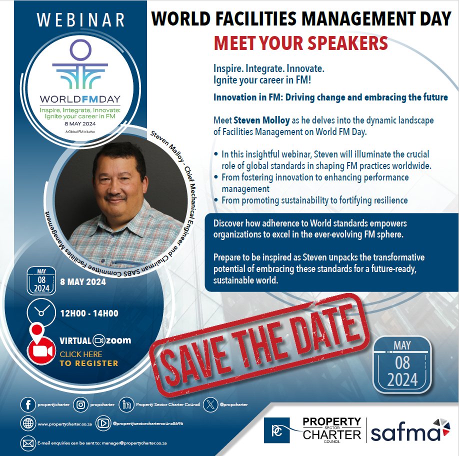 Meet Steven Malloy, Chief Mechanical Engineering and Chairman SABC Committee Facilities Management 📅 Date: 8 May 2024 🕛 Time: 12:00 PM - 02:00 PM 📍 Venue: Zoom                           (us02web.zoom.us/webinar/regist…) 
#worldfmday #InspireIntegrateInnovate #FacilityManagementCareer