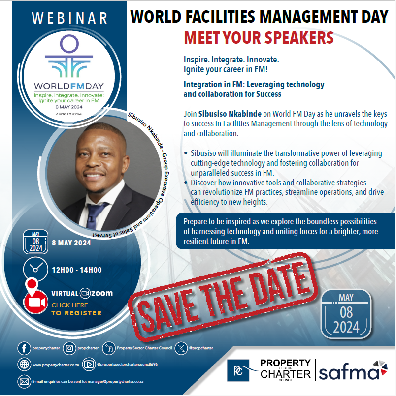 Meet Sibusiso Nkabinde, Group Executive Operations and Sales at Servest 🌟
📅 Date: 8 May 2024 🕛 Time: 12:00 PM - 02:00 PM 📍Zoom (Virtual)🔗 Registration Link: us02web.zoom.us/webinar/regist…
#worldfmday #InspireIntegrateInnovate #FacilityManagementCareer