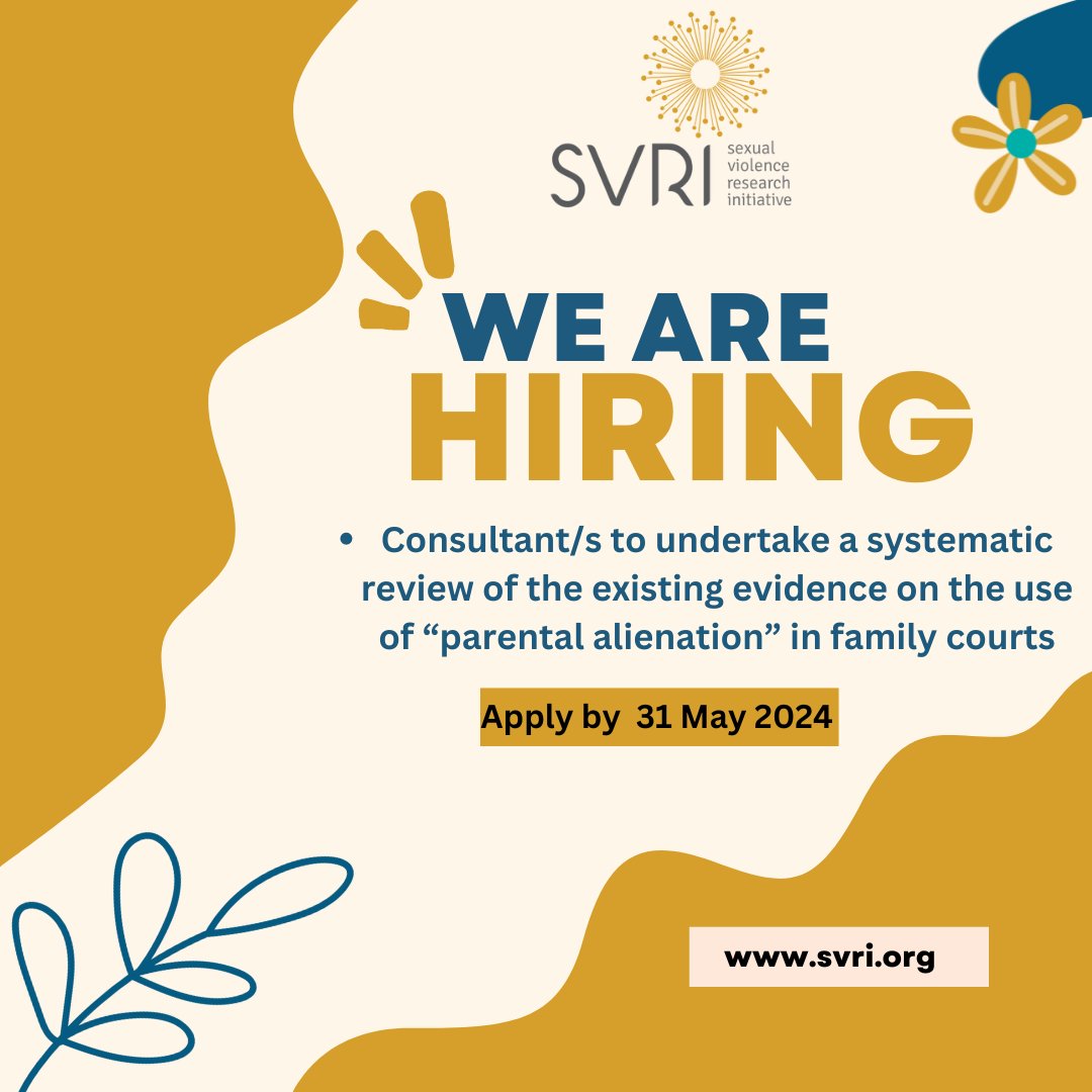 We are #hiring! The SVRI is seeking a #consultant or #consultants to undertake a systematic review of the existing evidence on the use of “parental alienation” in family courts. Click here ow.ly/1fty50Ry9Sp for the TOR. cc: @WorldBank, @UNICEFInnocenti & @WHO