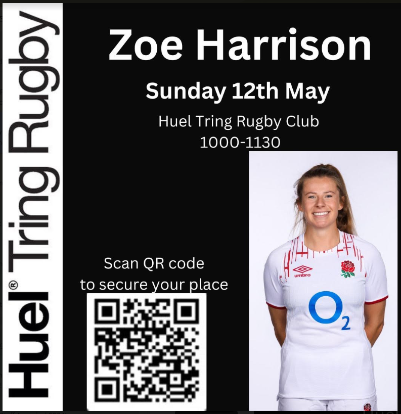 Zoe Harrison, an ex student of ours, plays for the England Women's rugby team. She will be @TringRugby Rugby on Sunday 12 May. For info please use the QR code.