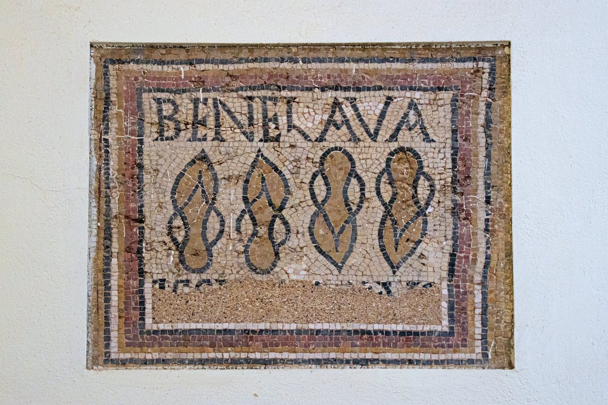 A mosaic from the entrance to the Roman baths in Timgad, Algeria, inviting you to swap your sandals for a pair with wooden soles that protected feet against the heated floors ..and then 'Bene lava' – 'Wash well!' c.2nd century AD, 📷by me at Timgad Museum.
