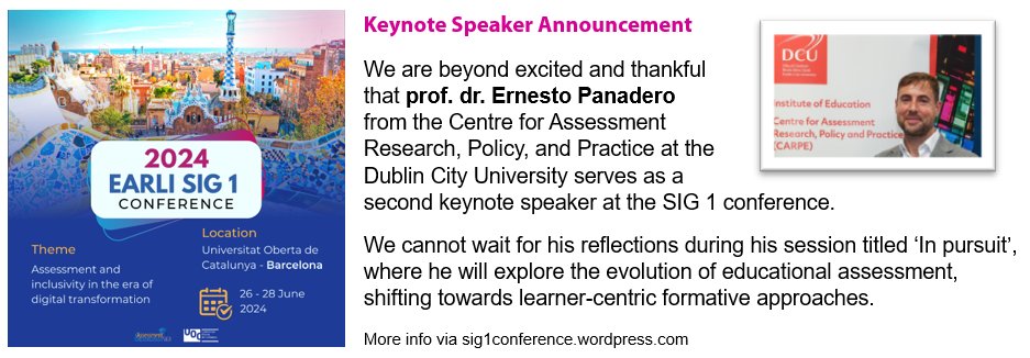 🥳We're excited that @ernestopanadero will be our second keynote speaker at the SIG 1 conference! Are you ready to reflect on the evolution of educational assessment in Barcelona? More information soon via sig1conference.wordpress.com and earli.org/sig-1-conferen…