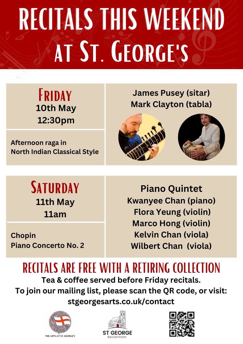 Charlie Warren (@charlie_p_w) on Twitter photo Recitals at <a href="/StGeorgeBeck/">St George Beckenham</a> this weekend:
We have an Indian raga at 12.30pm on Friday, with sitarist James Pusey and tabla player Mark Clayton.
Saturday at 11am we welcome back pianist Kwanyee Chan, with a piano quintet performing an arrangement of Chopin's Second Piano Concerto. Recitals at <a href="/StGeorgeBeck/">St George Beckenham</a> this weekend:
We have an Indian raga at 12.30pm on Friday, with sitarist James Pusey and tabla player Mark Clayton.
Saturday at 11am we welcome back pianist Kwanyee Chan, with a piano quintet performing an arrangement of Chopin's Second Piano Concerto.