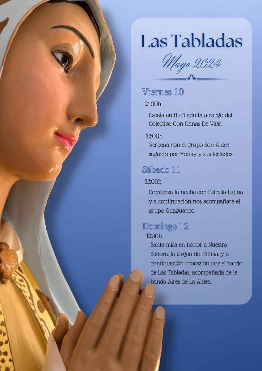 📌Las Tabladas celebra este fin de semana sus fiestas en honor a la Virgen de Fátima. 👉La Concejalía de Fiestas, dirigida por Néstor Ramírez, presenta los actos que tendrán lugar desde este viernes, 10 de abril, hasta el domingo, 12 de abril.