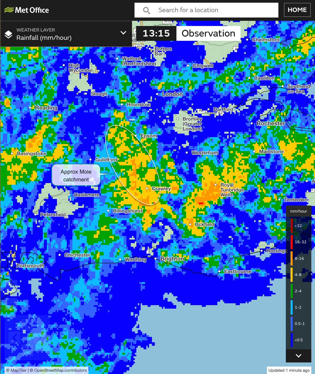 River Mole caught some of highest rainfall totals yesterday 6May: official gauges #Charlwood 30mm 10hrs, PeasePottage 34mm and a swathe of amateur AWS in #Crawley 37mm-49mm in 24hrs.  Ample evidence of this being a discrete 40mm event over south of Upper Mole. Chart @RoostWeather