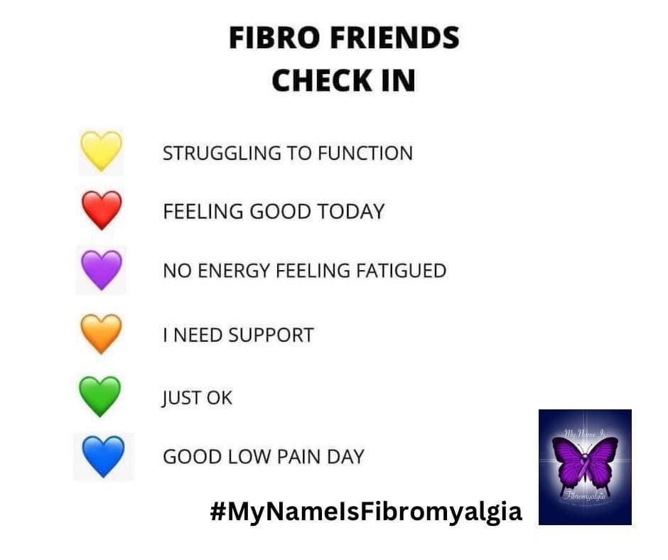 Time to check in on all our 
fantastic Fibro Warriors. 

Let us know how you’re getting on by posting your 
coloured heart below. 

For me today is a 💚 
So,what is yours?

#mynameisfibromyalgia
#SpoonieSupport 
#spoonies 
#fibromyalgiasupport 
#fibromyalgiafact 
#disabled…