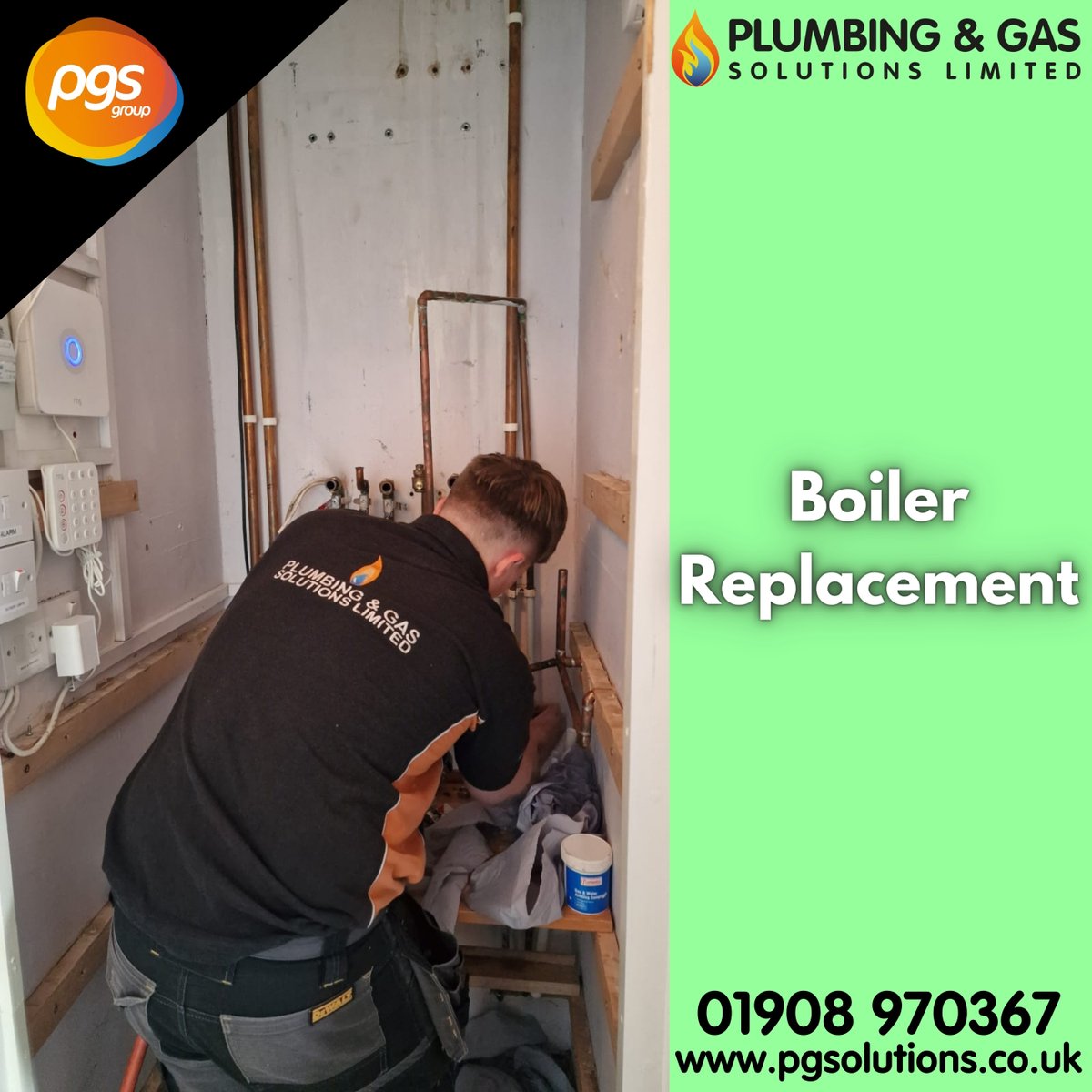 Recently, we replaced this client’s old, struggling boiler with a brand-new one. 🛠 Here, Alex is making some adjustments to the pipework in order to install the newer, more efficient boiler. 🙌 For all your commercial heating requirements, call PGS. 01908 970367 📞