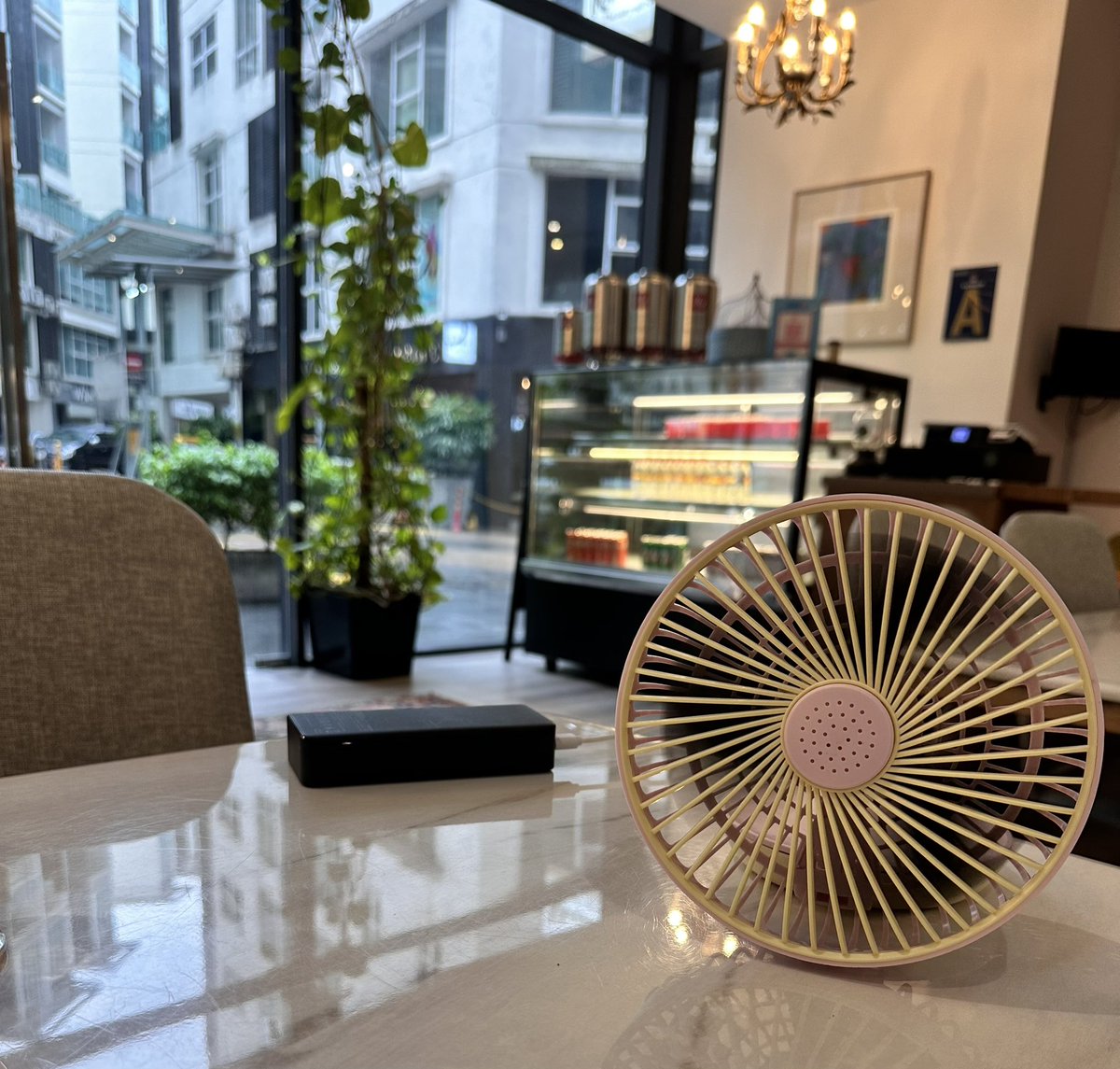 Editing my WIP at this tiny cafe and very pleased to be their only customer. When I politely enquired if the air-conditioner was working, the wait staff got me my own tiny fan. (This is a sign, right? Because these edits are killing me.) #writinglife #WritingCommunity