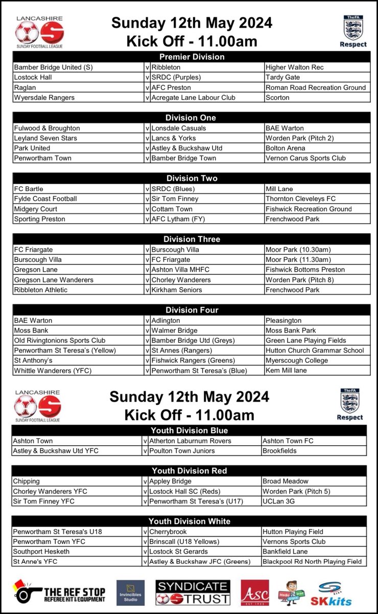 Here are the Fixtures for Sunday 12 May 2024.