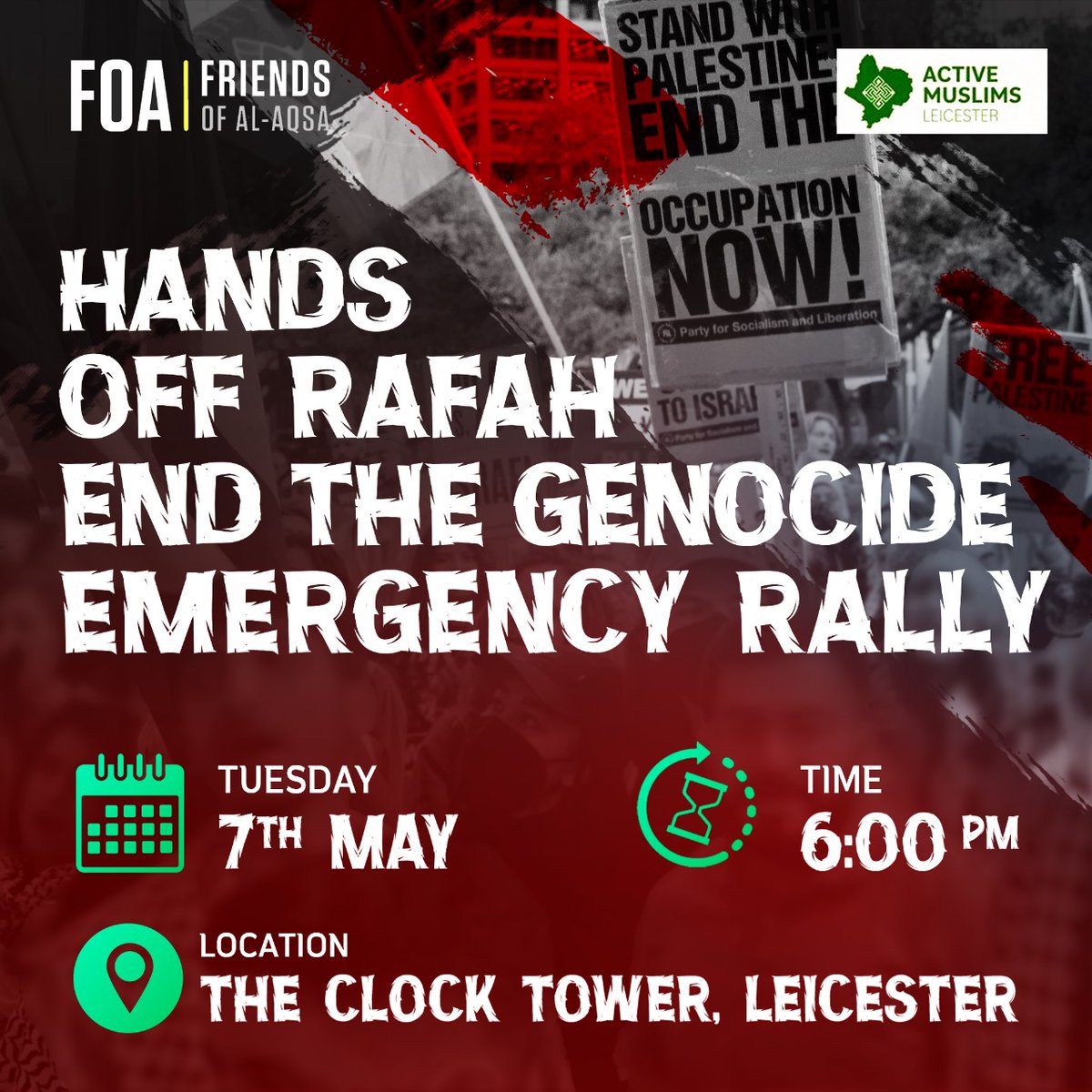 🚨 EMERGENCY PROTEST: LEICESTER 🚨 Hands off Rafah - Stop the Genocide Israeli military has ordered Palestinians to move out of Rafah, warning it is about to use “extreme force”. 🗓 Tueday 7 May, 6pm 📍The Clock Tower, Leicester Join us in numbers 💪🏾 #HandsOffRafah