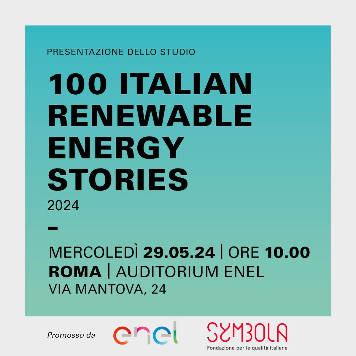 29 maggio, ore 10 📍 Auditorium Enel
Non perderti la presentazione del rapporto "100 italian renewable energy stories" promosso da #FondazioneSymbola in collaborazione con <a href="/EnelGroupIT/">Enel Group</a> 

Per partecipare visita il sito 📲 symbola.net/live/presentaz…