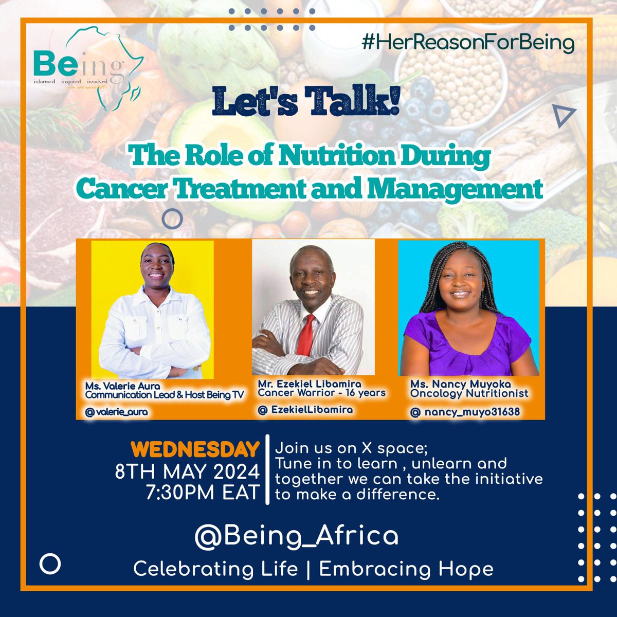 When: Wednesday 8th May 2024
What: #HerReasonForBeing Day
Where: @XSpaces 
Time: 7:30 pm EAT
Topic: The Role of Nutrition During Treatment & Management.

twitter.com/i/spaces/1Mnxn……

Speakers: @nancy_muyo31638 @EzekielLibamira

Tune in, learn, and unlearn.
@IGCSociety @kenconetwork