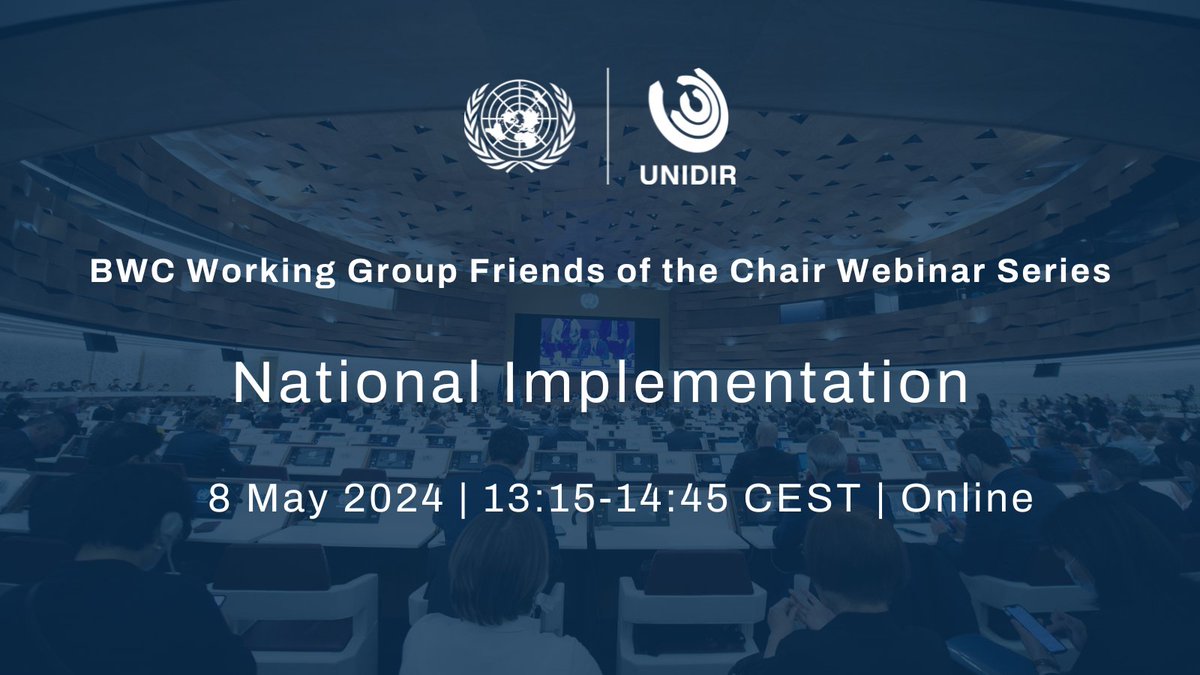 📣 The Friends of the Chair of the #1972BWC Working Group, together with UNIDIR and @ODA_Geneva, are organizing an informal webinar on national implementation  💻👥

Register to join us  👉  unidir.org/BWC-NI