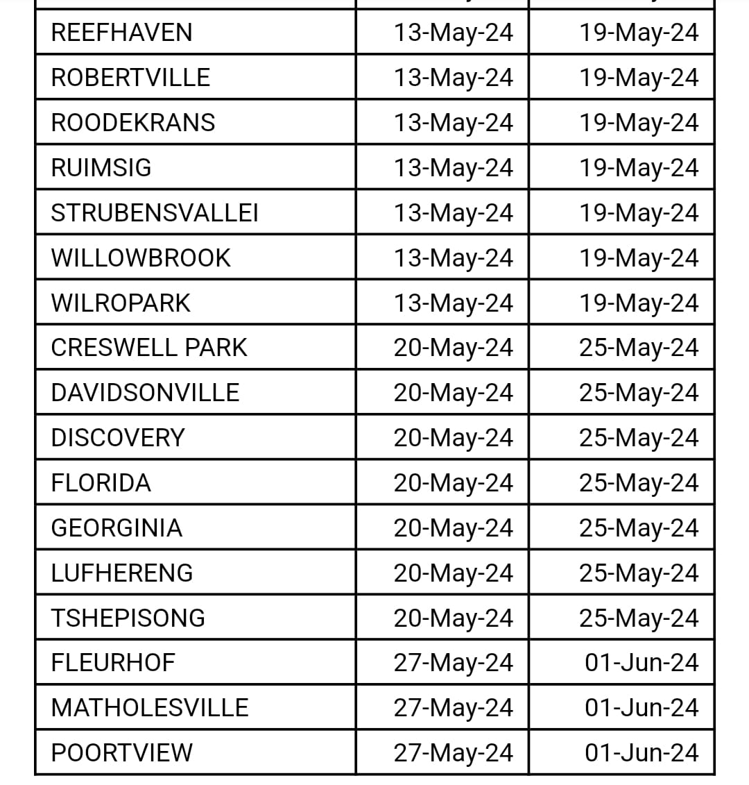 #CityPowerServices #RoodepoortSDC

Kindly find the TID schedule for the Roodepoort SDC.

👇Below are the areas & dates that our officials will visit certain suburbs. ^MR