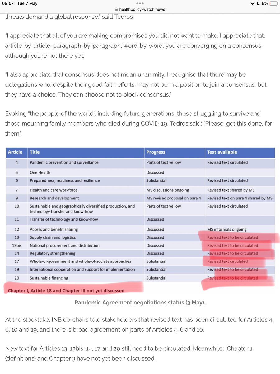 Pandemic Accords: with just over a fortnight to go until the World Health Assembly vote, this from @HealthPolicyW implies that the proposed texts are nowhere near finalised and we can still expect material changes across many key provisions. However instead of accepting the…