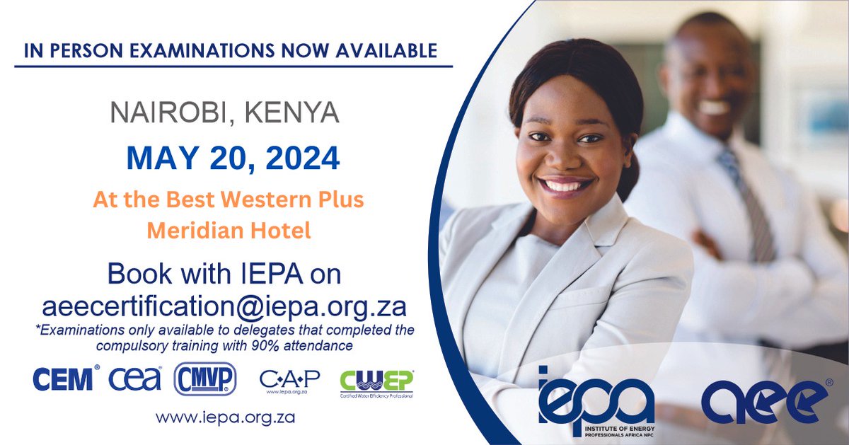 Do you need to write your AEE Exam? Do you wish to take your exam in Kenya? We have an in-person exam writing opportunity on May 20th, 2024 at the Best Western Plus Meridian Hotel, Nairobi. To book your examination or your rewrite, please use this link: zurl.co/zAHQ