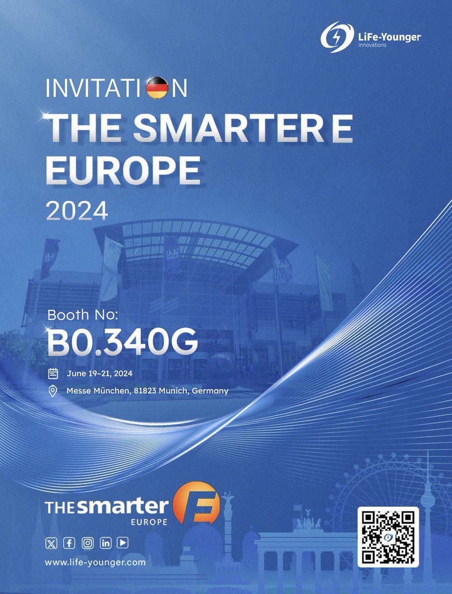 We are thrilled to announce that our company, liFe-Younger, will be participating in the Smarter E Europe 2024 exhibition!

📅 Save the Date: June 19-21, 2024
📍 Venue: Messe München, Messegelände, 81823 Munich, Germany
🎯 Booth Number: B0.340G