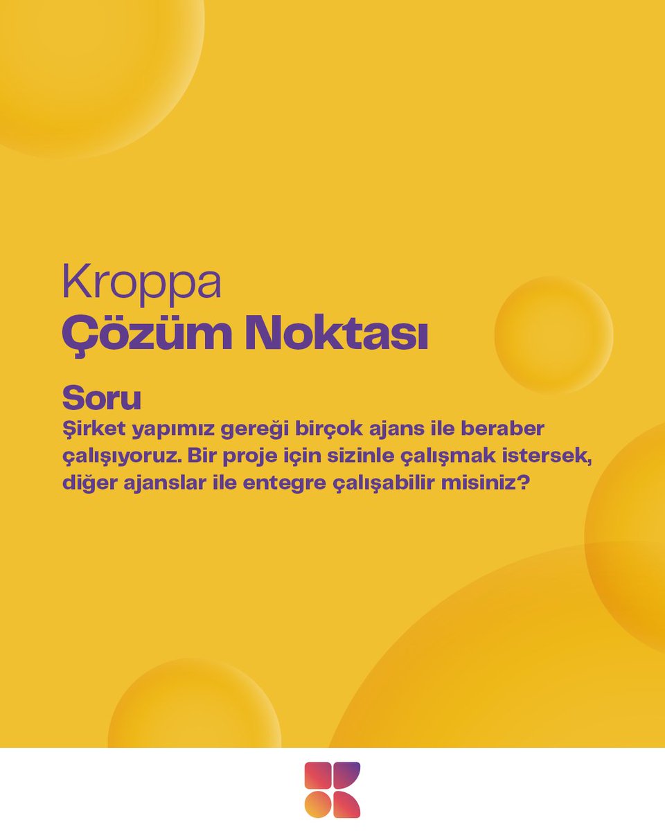 Evet! Kroppa olarak ekip çalışma yapımız ve deneyimlerimiz ile birçok farklı sistem ve ajansla entegre olarak süreçlerde yer alabiliriz. Bir projenin sadece bir kısmının sorumluluğunu alarak, diğer tedarikçilerle uyum içerisinde çalışmalarımızı gerçekleştirebiliriz.  👉 Merak